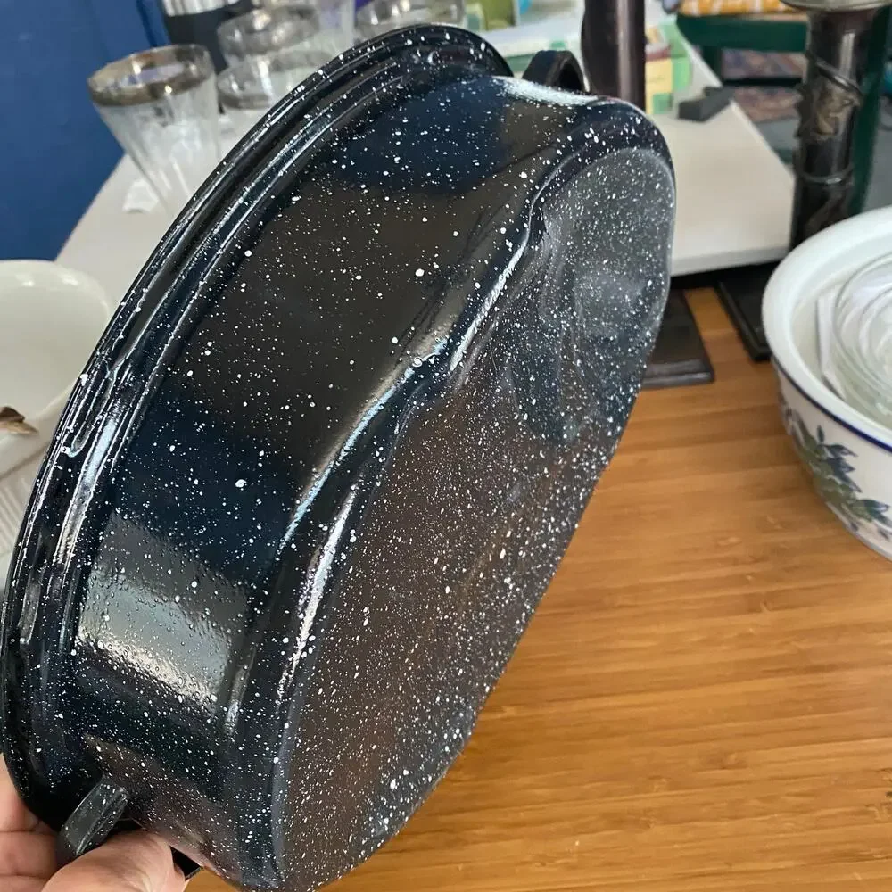 Black Oval Speckle Enamel Covered Roaster‎ Cooker w Lid PRISTINE!